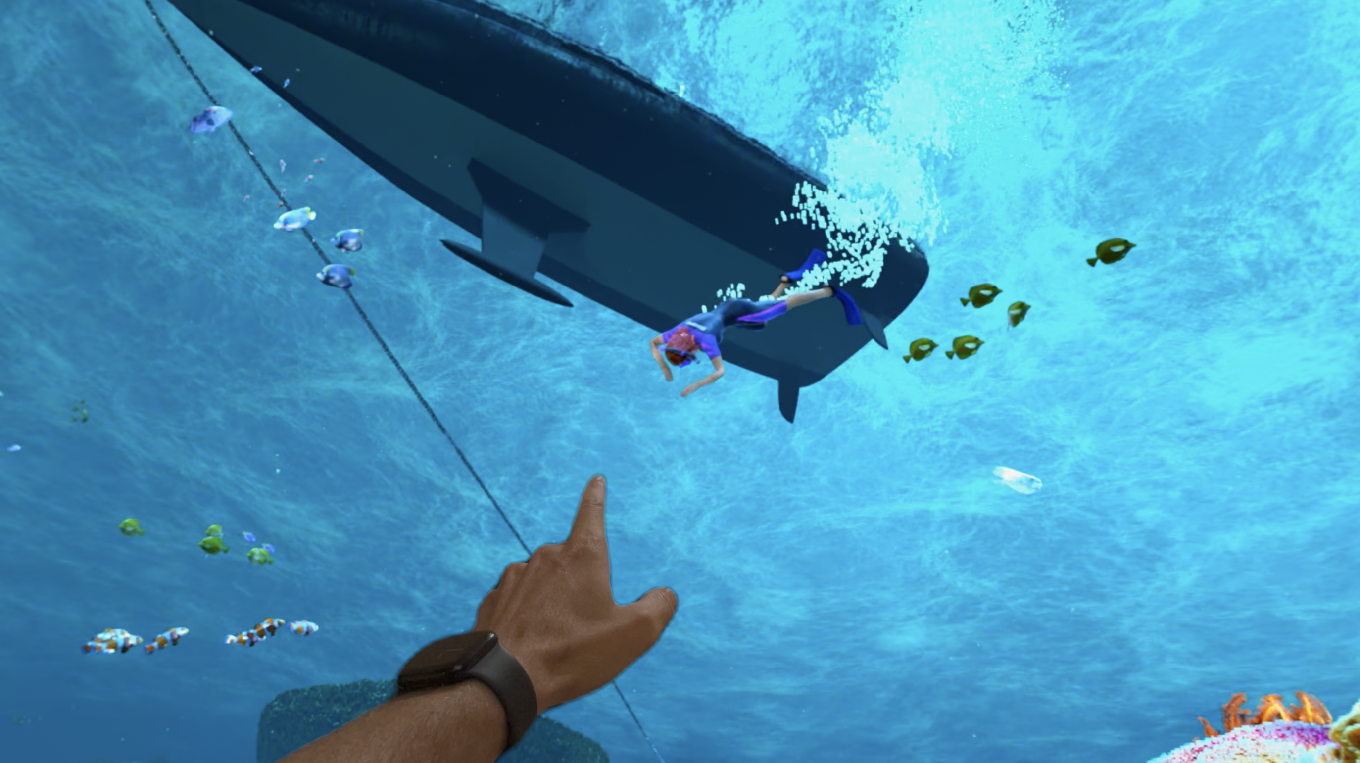 A hand points toward scuba divers swimming beneath a boat in Sharkarma on Apple Vision Pro