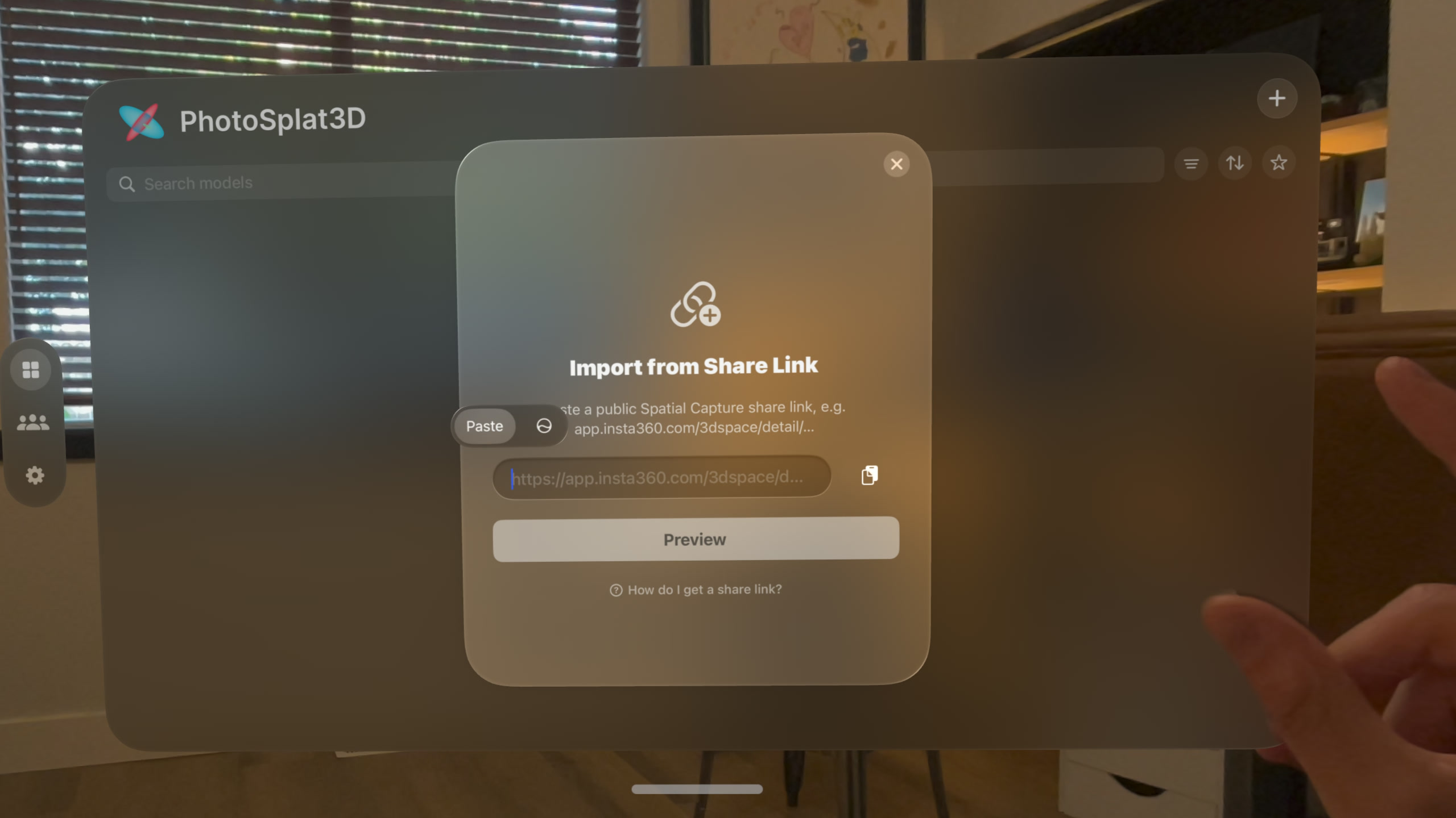 PhotoSplat 3D’s share-link import window with the Paste control open above the Insta360 link field