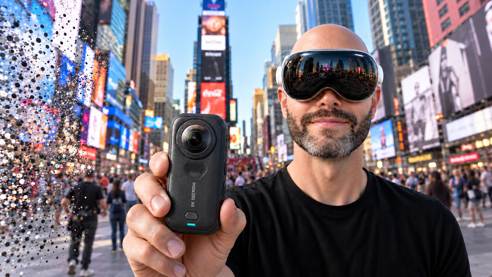 Video thumbnail depicting Justin Ryan holding an Insta360 X6 and wearing Apple Vision Pro in Times Square