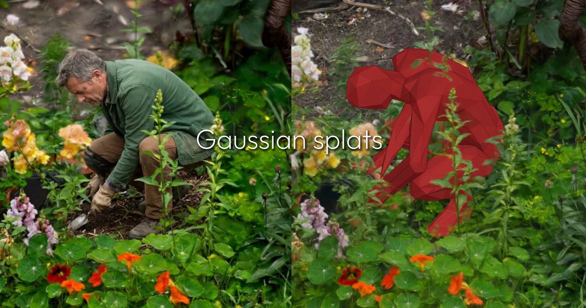 A gardener beside a Gaussian splat preview in a flower-filled garden
