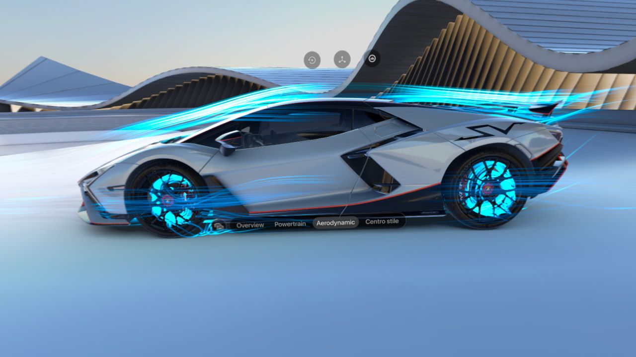 Side profile of a white Lamborghini Revuelto SV with blue airflow moving over its body and through its wheels in the Vision Pro app