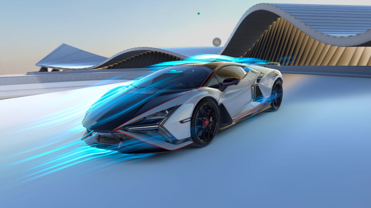 A white Lamborghini Revuelto SV surrounded by blue aerodynamic airflow inside the Lamborghini app for Apple Vision Pro