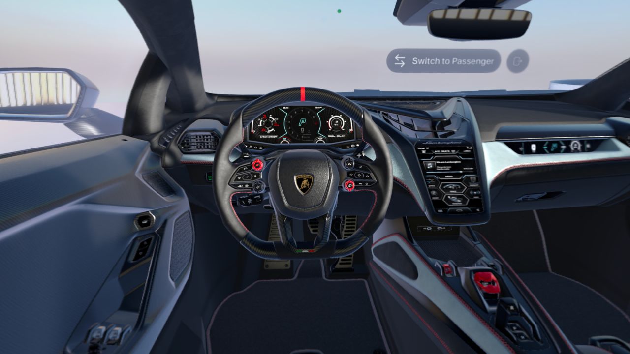Driver view inside the Lamborghini Revuelto SV with the steering wheel, digital gauges, and center controls visible in the Vision Pro app