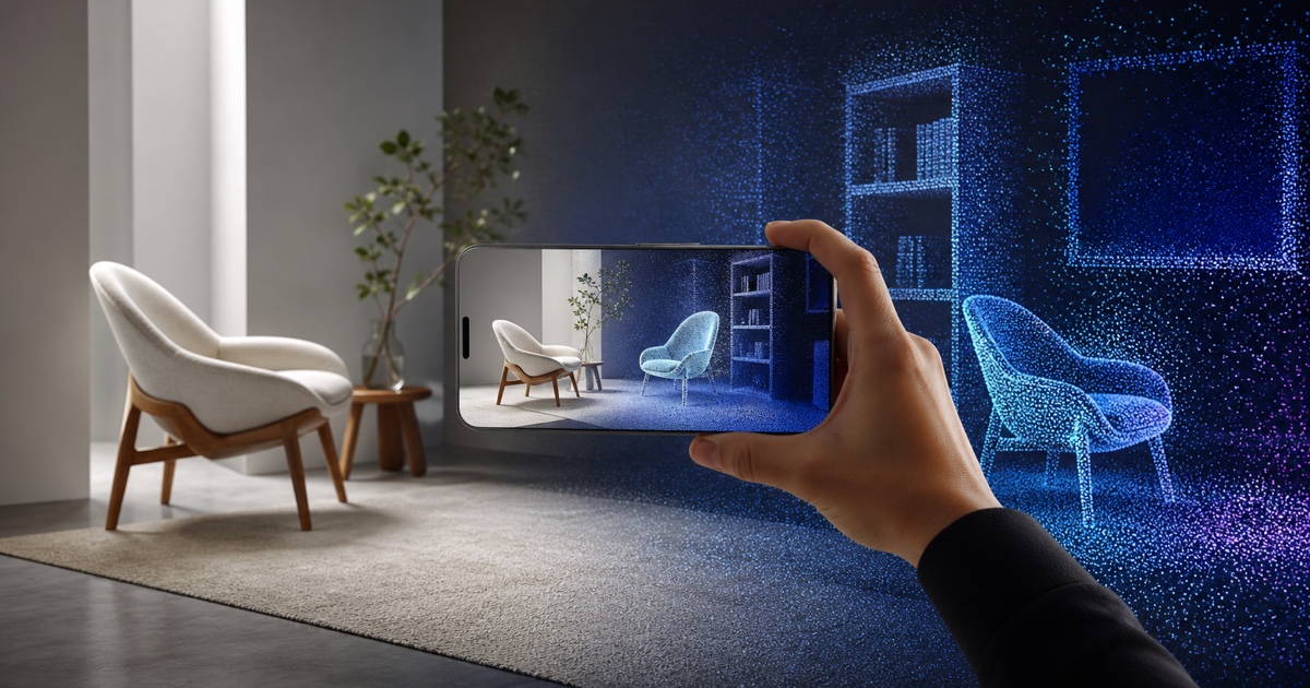 A hand holds a smartphone as a modern room changes from a real scene into a blue Gaussian-splat reconstruction