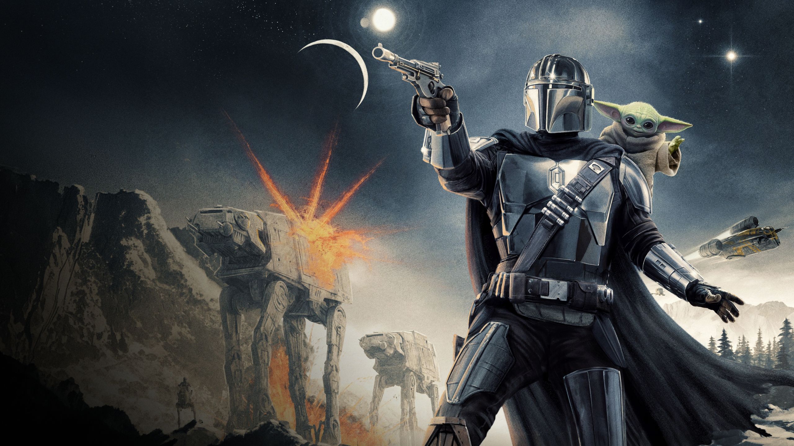The Mandalorian aims a blaster while Grogu rides behind his shoulder as Imperial walkers cross a snowy battlefield