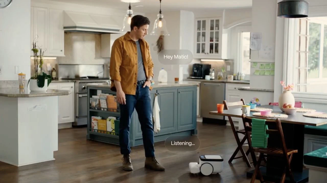 A man says Hey Matic while the robot listens in a kitchen demonstration