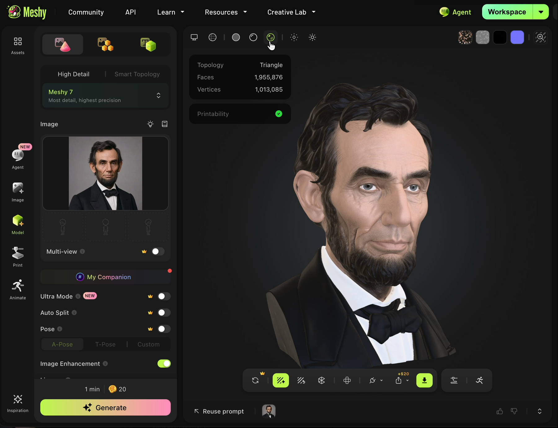 A textured 3D bust of Abraham Lincoln generated from one portrait in Meshy 7