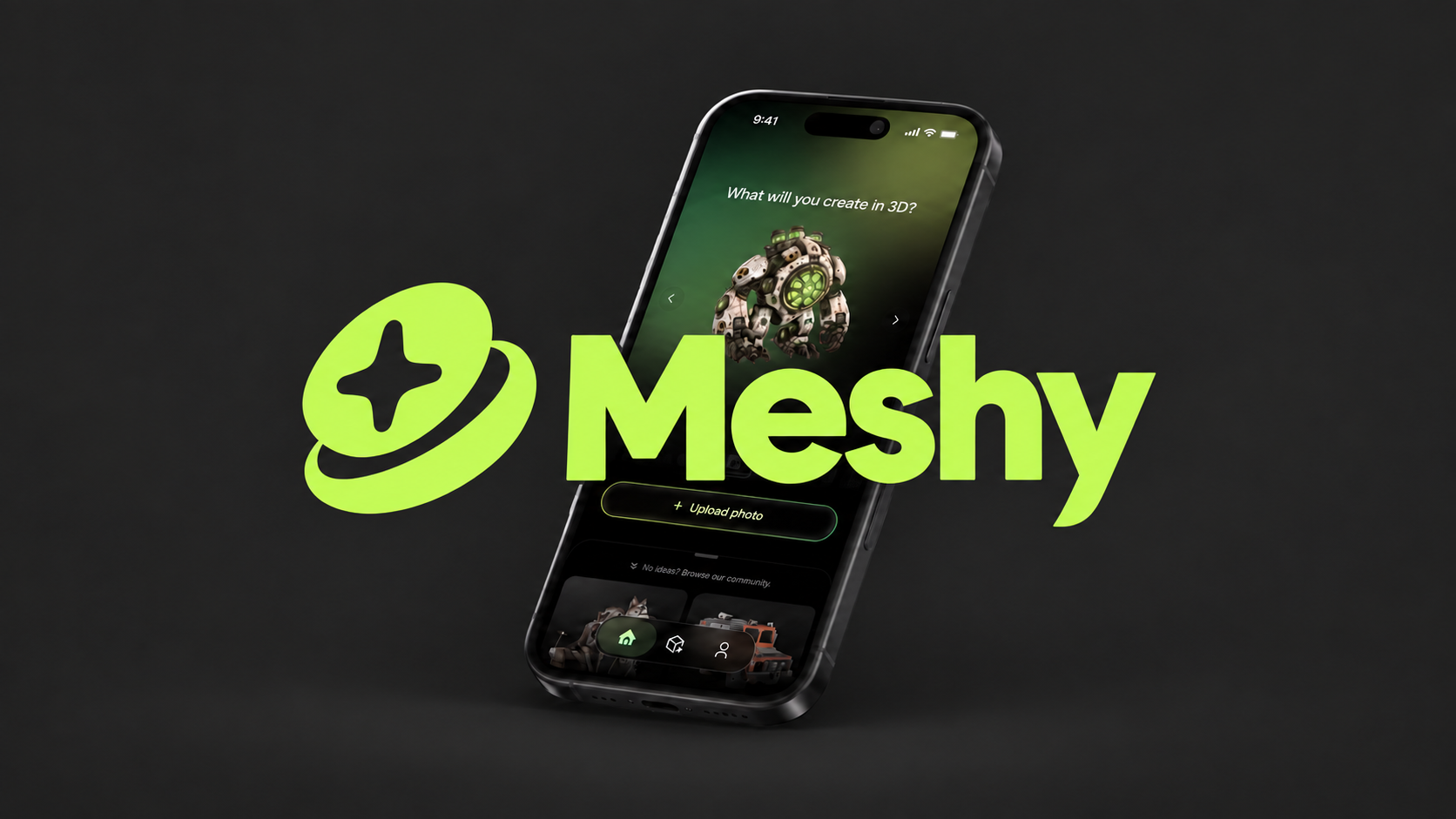 Bold lime-green Meshy logo centered in front of its iPhone app artwork on a charcoal background