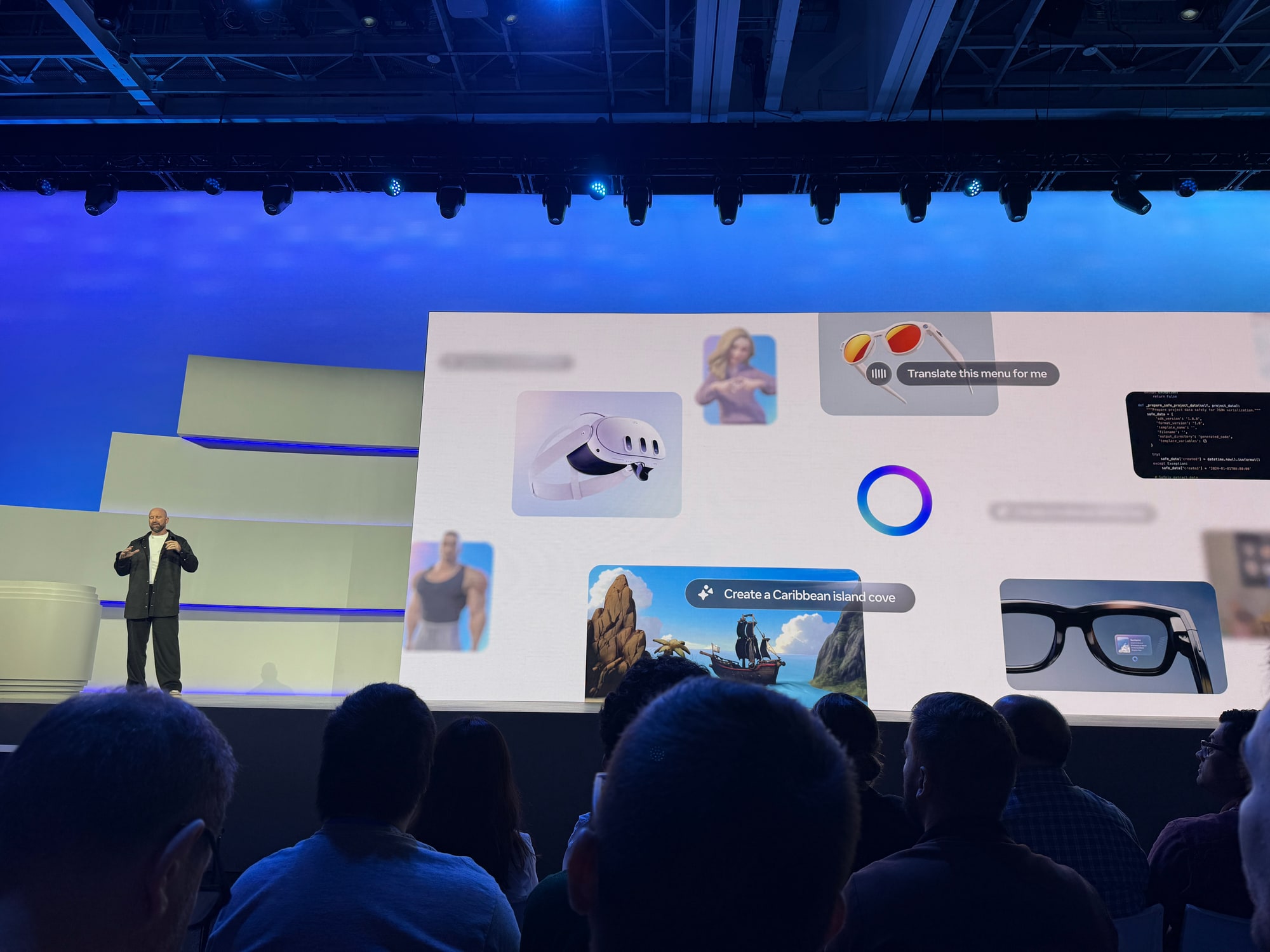 A Meta Connect 2025 presentation shows Quest 3, code, and AI-assisted creation on a large screen