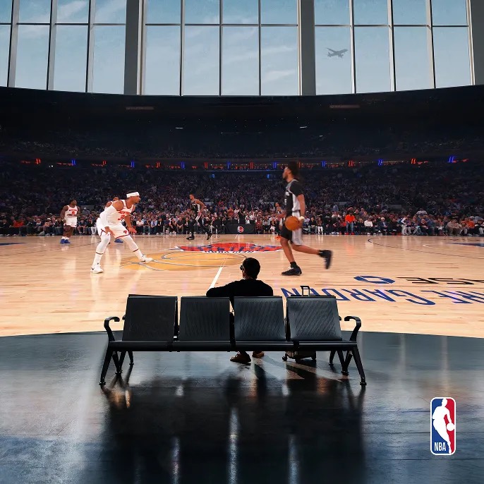 Promotional visualization combines airport seating with a courtside NBA basketball view.