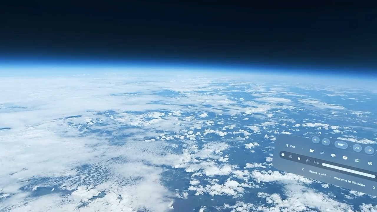 Mission Stratos playing in Arluma360 with the app’s floating controls over a view of Earth and its blue atmosphere