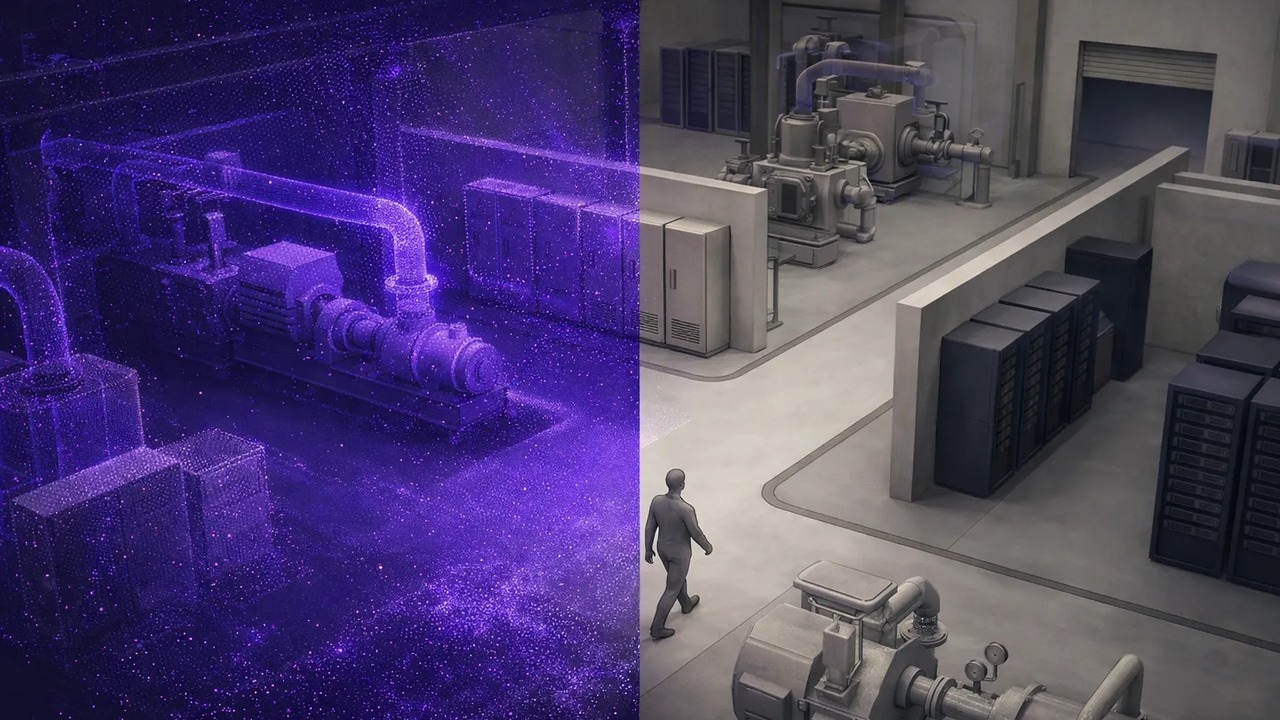 MultiSet illustration showing industrial machinery as a purple point cloud on the left and solid geometry on the right