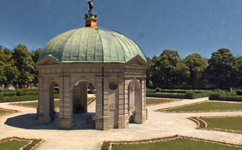 Gaussian splat view of the pavilion and flower beds in Munich's Hofgarten
