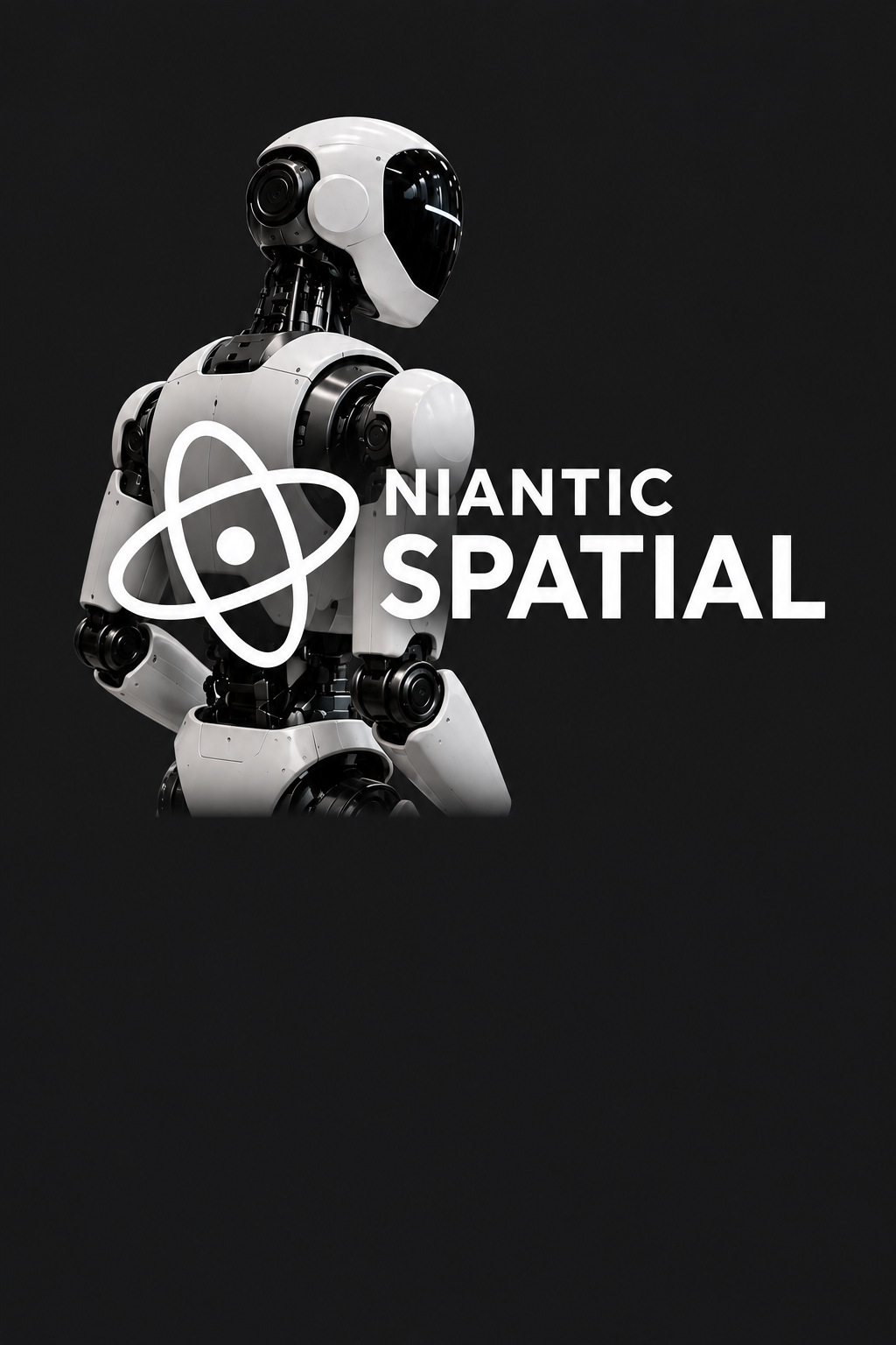 Conceptual illustration of a white humanoid robot and the Niantic Spatial logo on charcoal