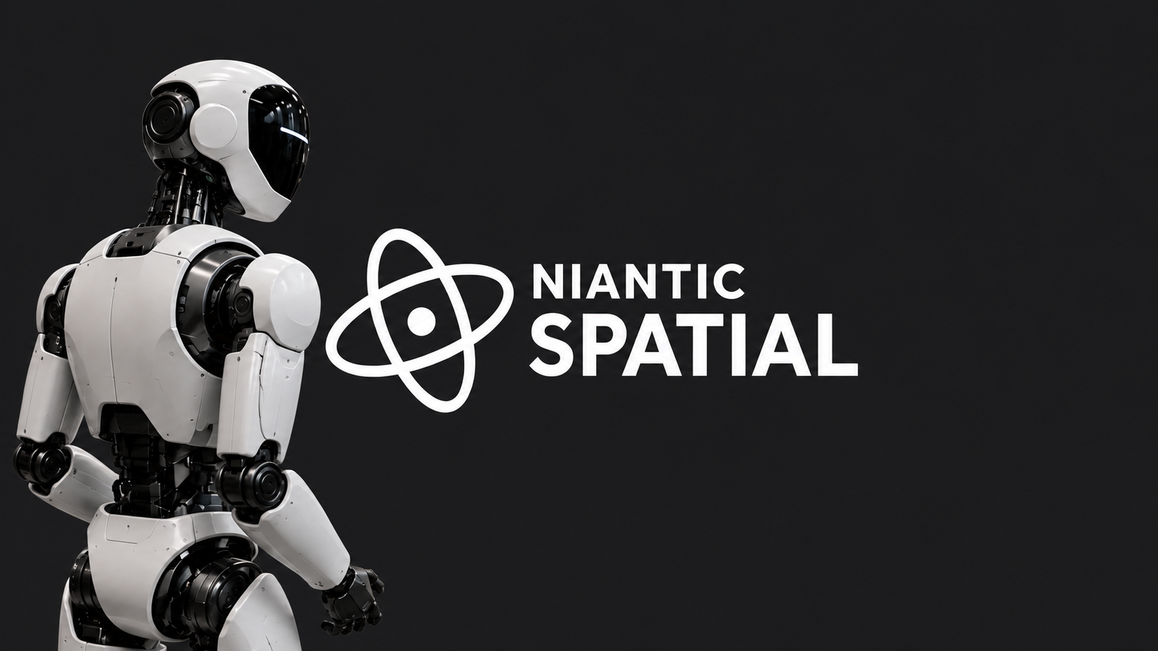 Conceptual illustration of a white humanoid robot and the Niantic Spatial logo on charcoal