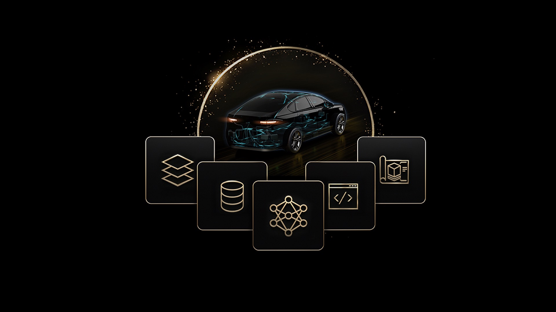 A digital car surrounded by icons for AI models, data, code, and development tools