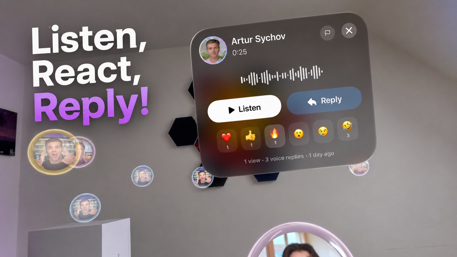 An Orbble voice update open beside floating social orbs