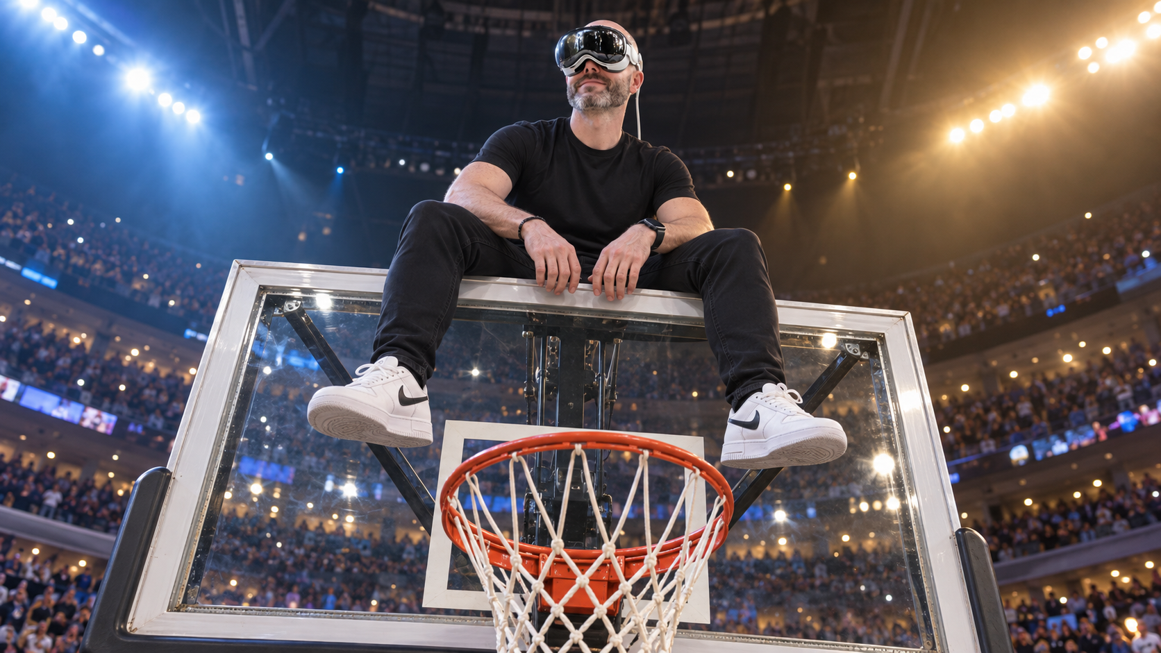 Video thumbnail depicting Justin Ryan wearing Apple Vision Pro above a basketball hoop in an arena