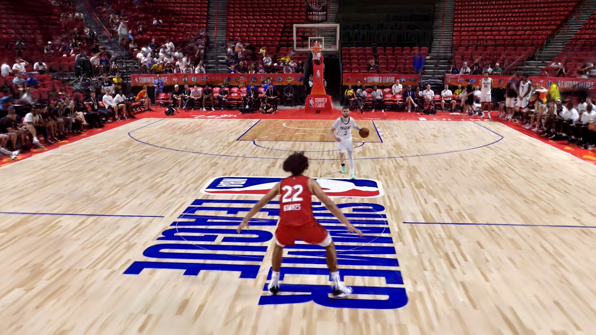 A free-moving 3D replay of a Toronto Raptors Summer League possession from a virtual camera behind a defender