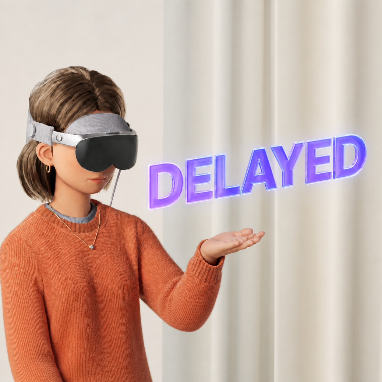 PICO Space Pro wearer presenting a floating purple 3D word reading DELAYED