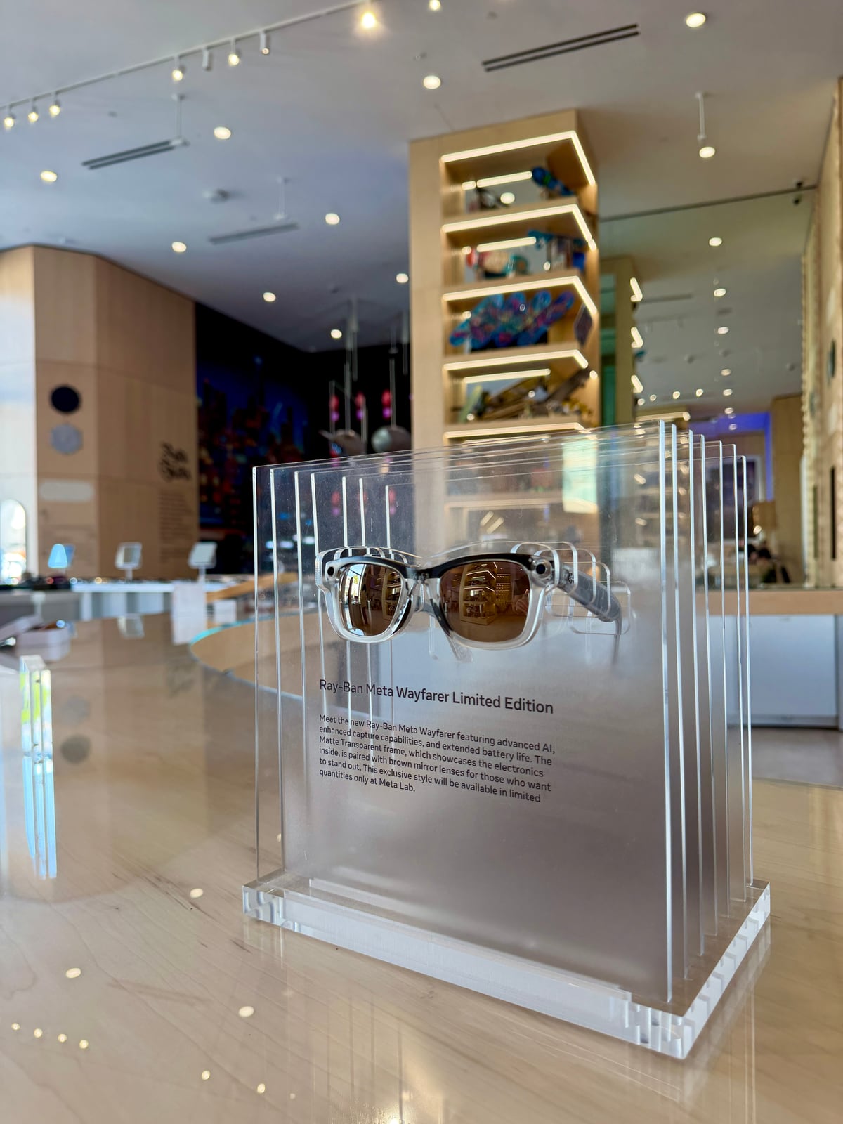 Transparent Ray-Ban Meta Wayfarer Limited Edition smart glasses on display at Meta Lab