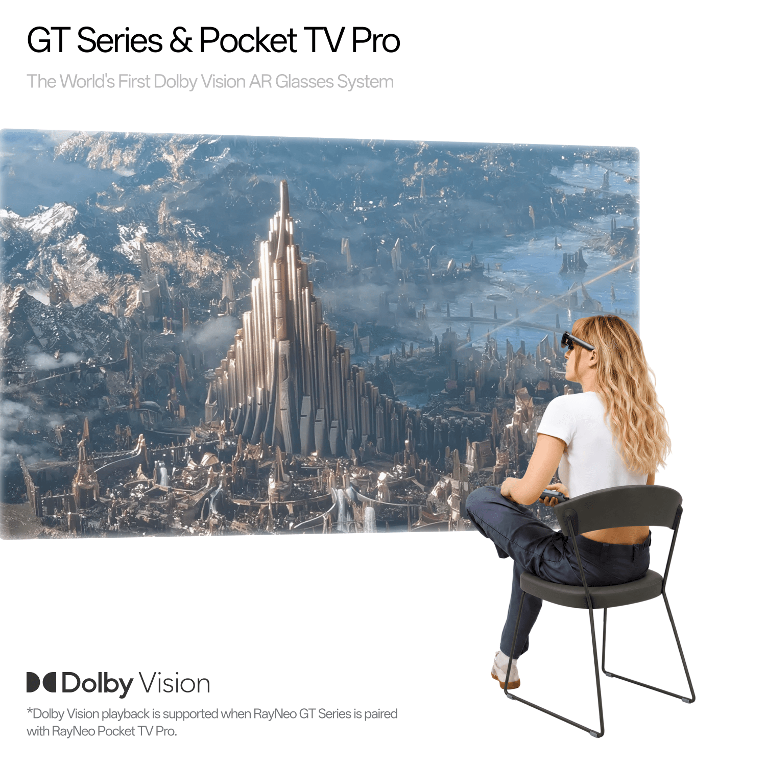 A woman wearing RayNeo GT glasses while viewing a large illustrated screen powered by Pocket TV Pro