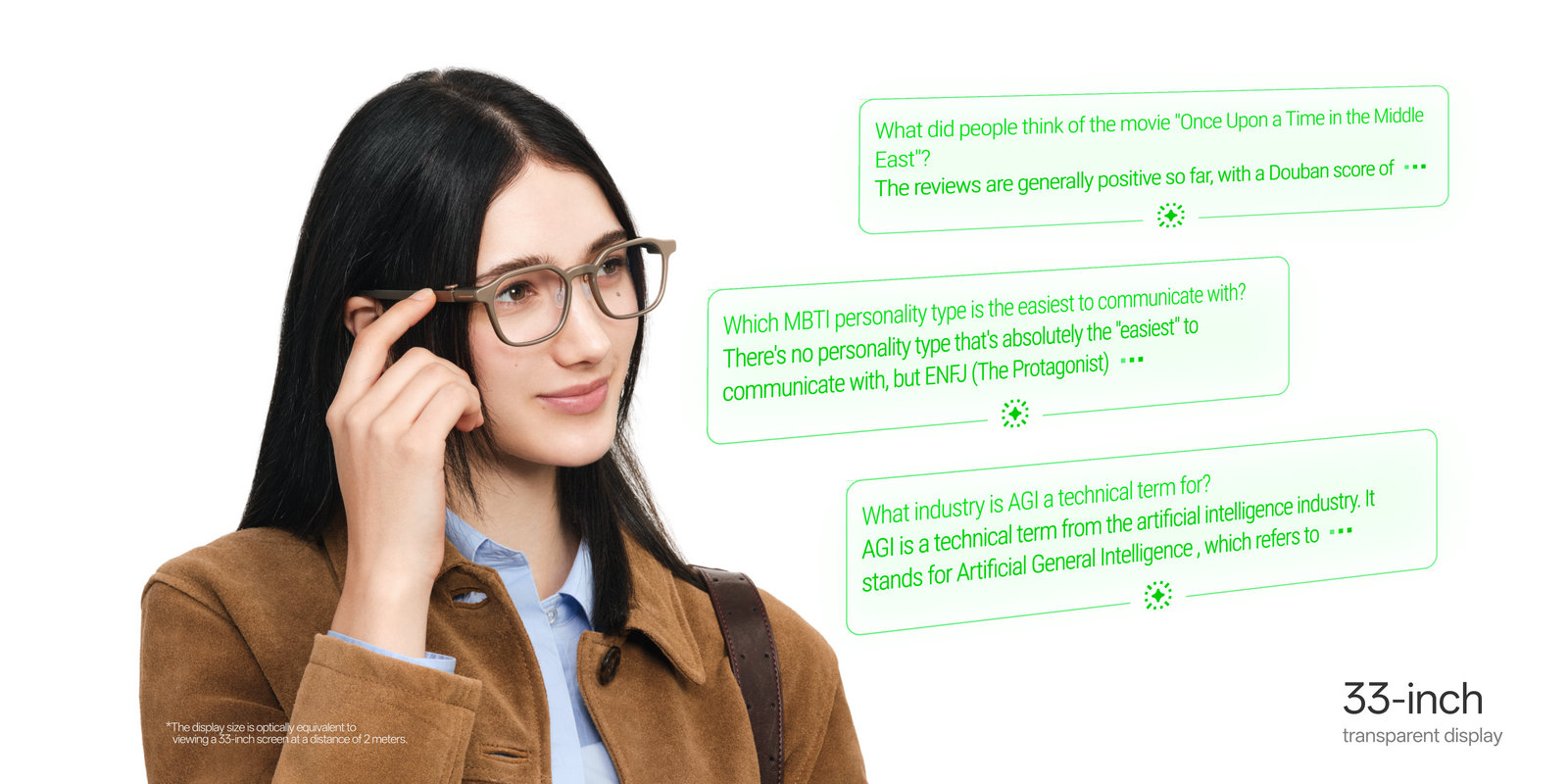 A woman wearing RayNeo iO glasses beside three green illustrated AI responses