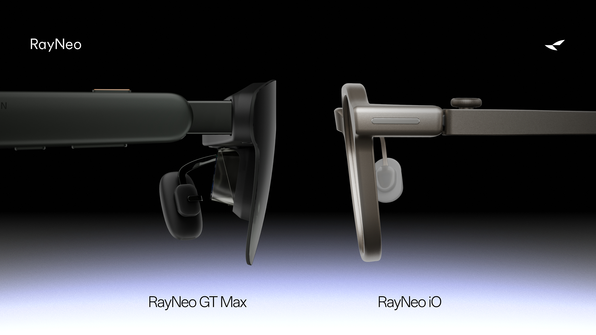 Side views of the black RayNeo GT Max display glasses and gold RayNeo iO AI glasses