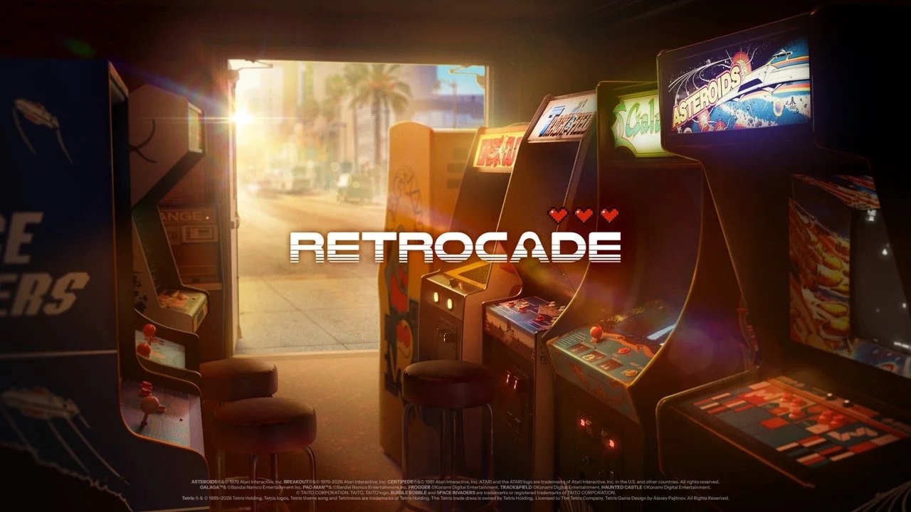 Rows of classic arcade cabinets inside Retrocade with the Retrocade logo in the center
