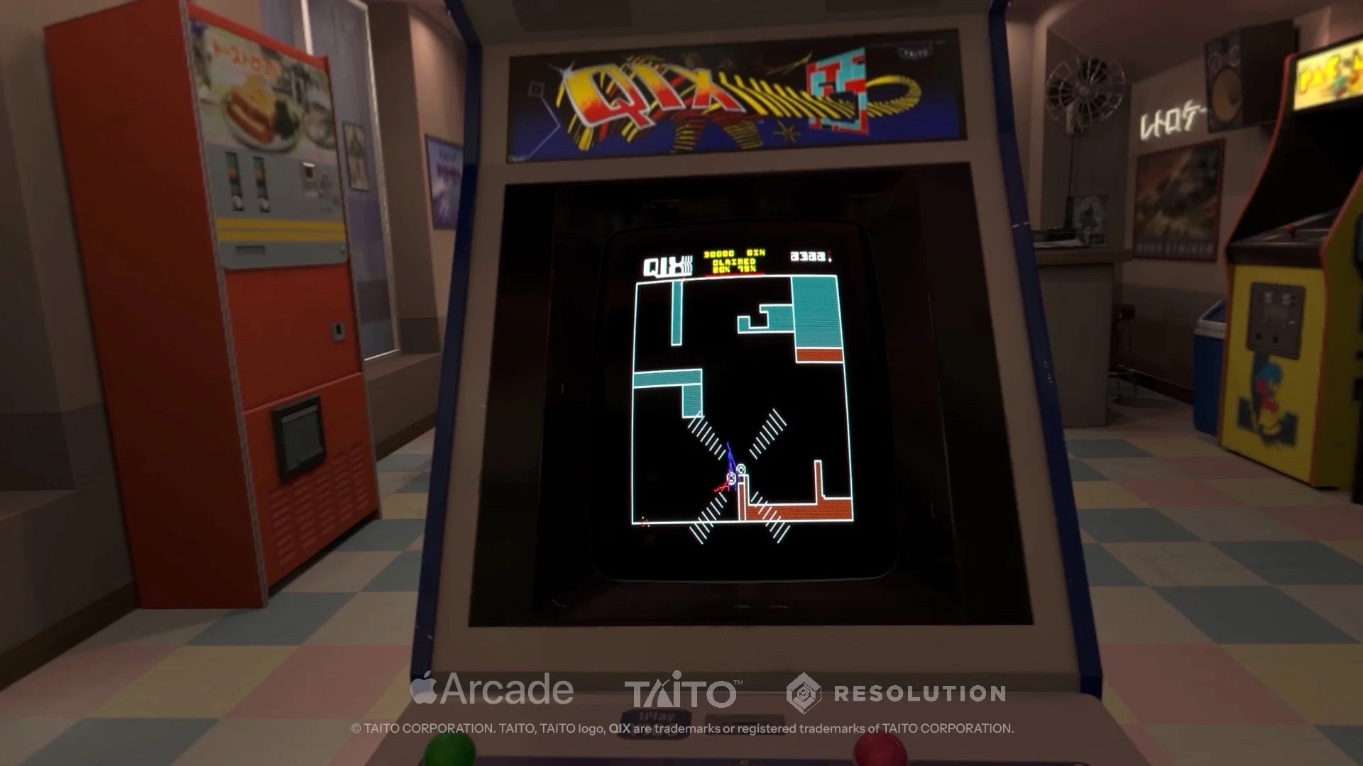 QIX running on an arcade cabinet inside Retrocade on Apple Vision Pro