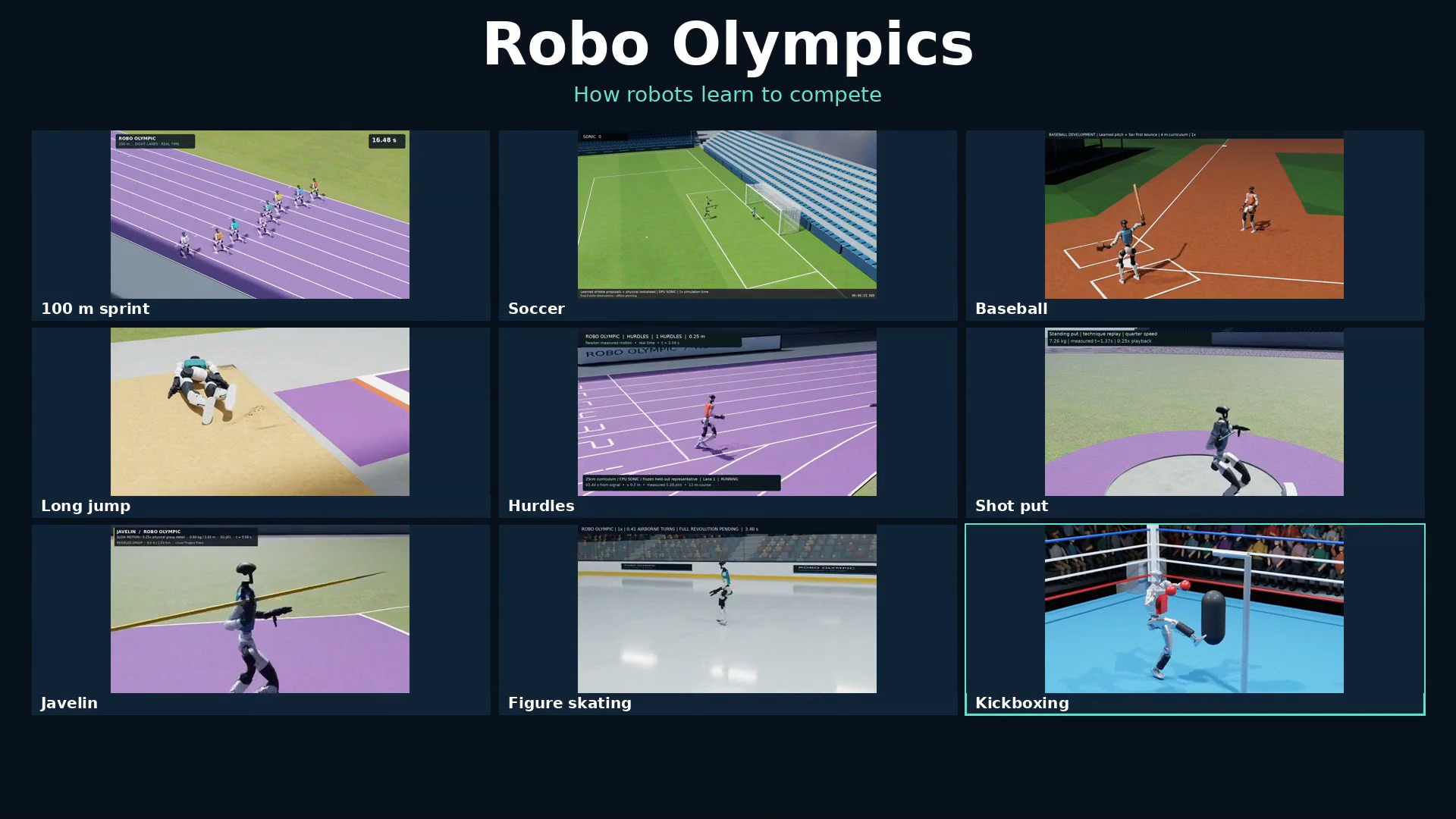 NVIDIA’s Robo Olympics demonstration showing nine simulated robot sports in a grid