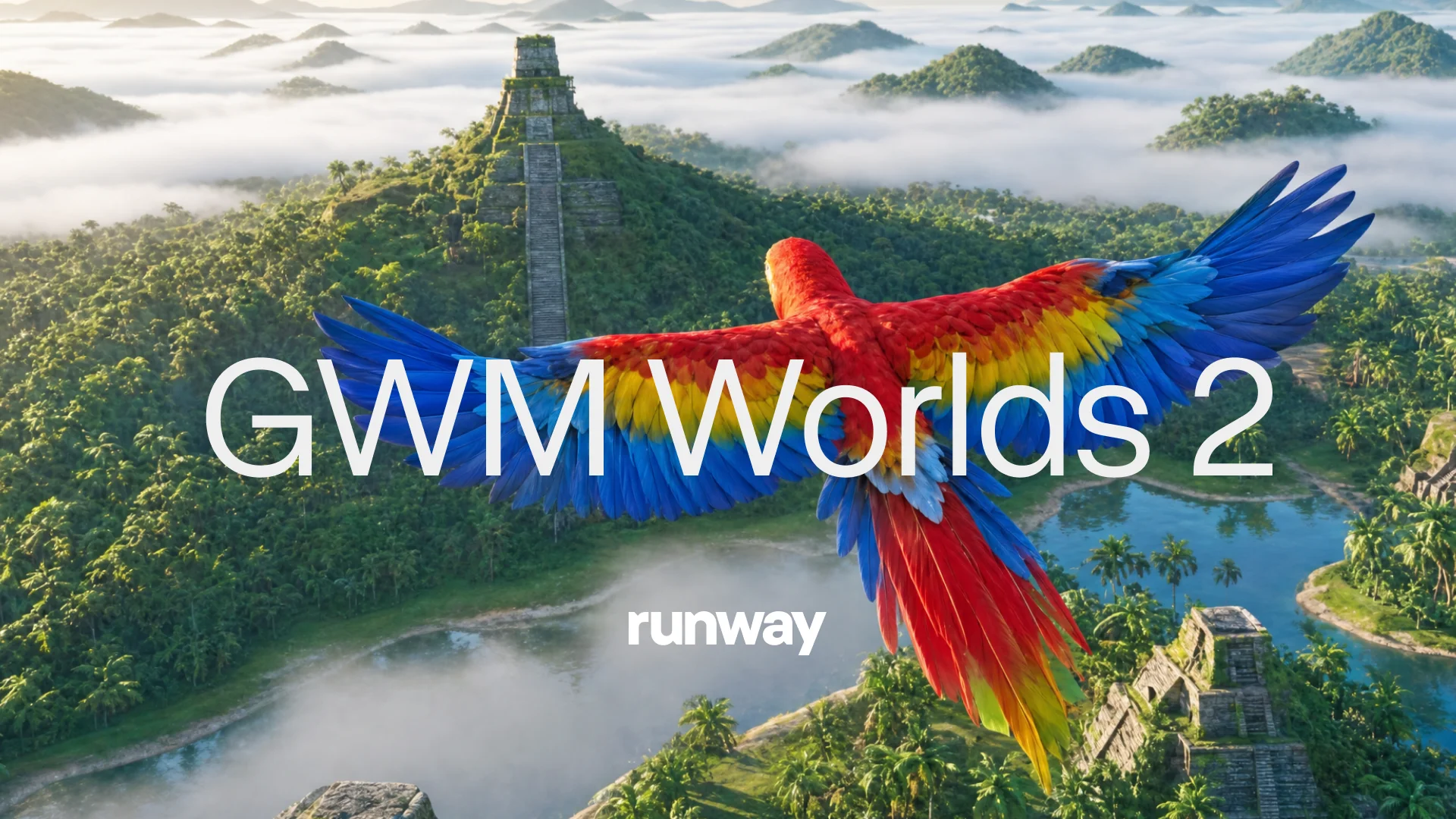 Runway GWM Worlds 2 artwork showing a generated parrot flying over forest ruins