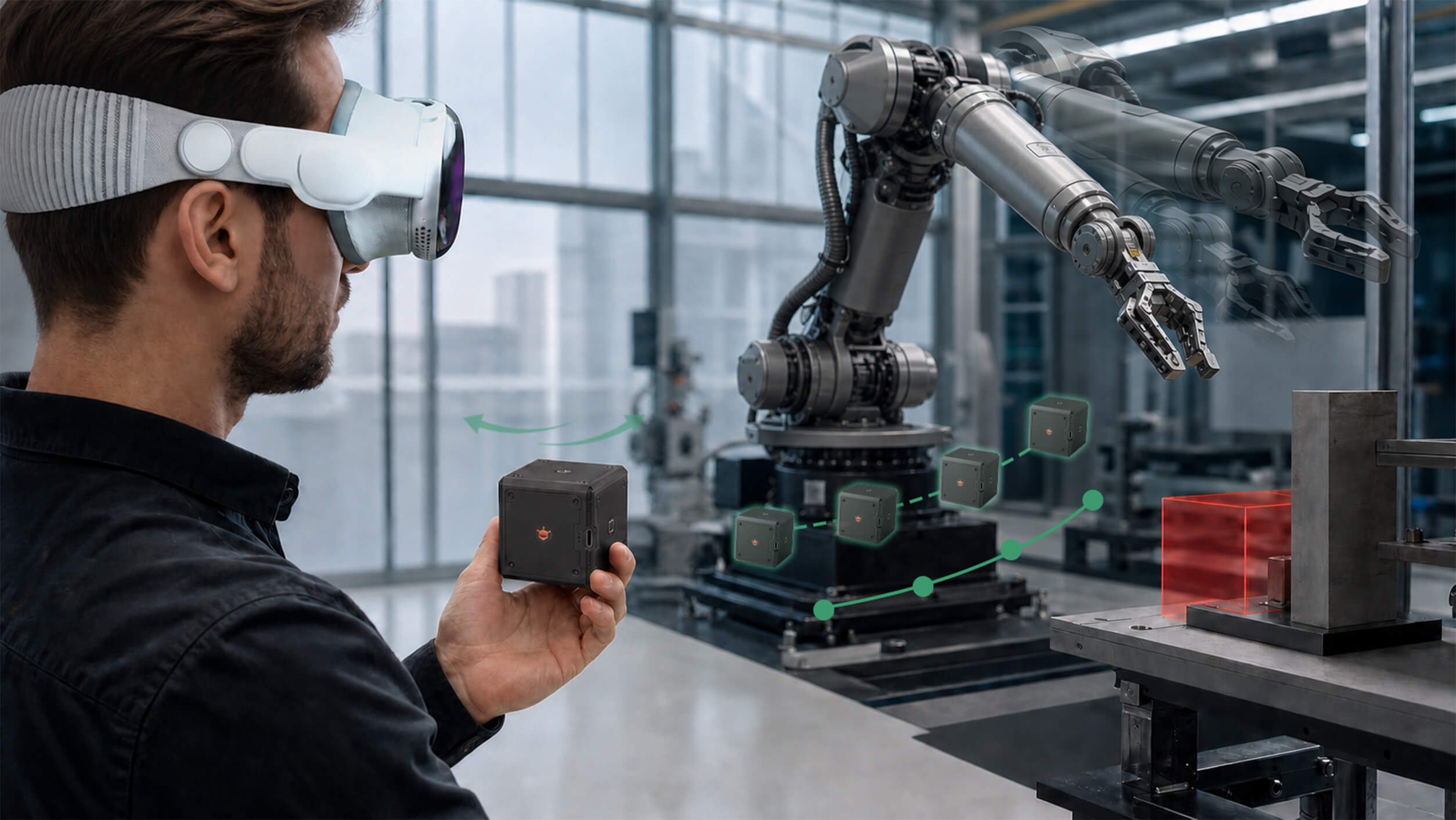 A person wearing Apple Vision Pro uses seeMote Cube beside a robot arm and a virtual path