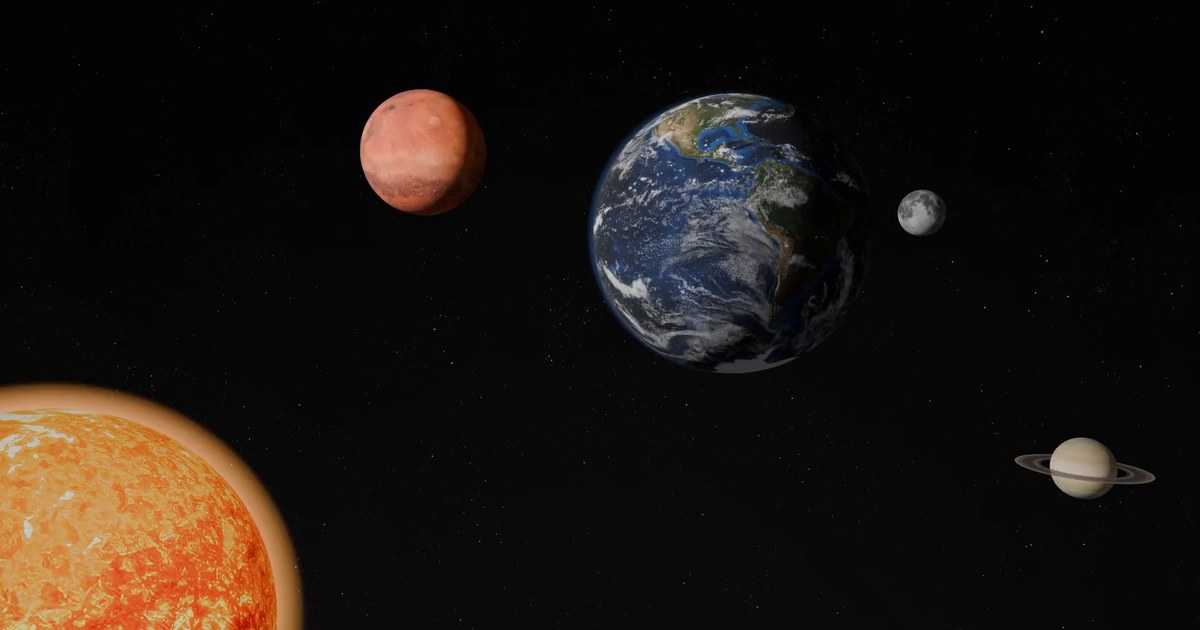 The Sun, Mars, Earth, the Moon, and Saturn floating against a starfield in Space Vision