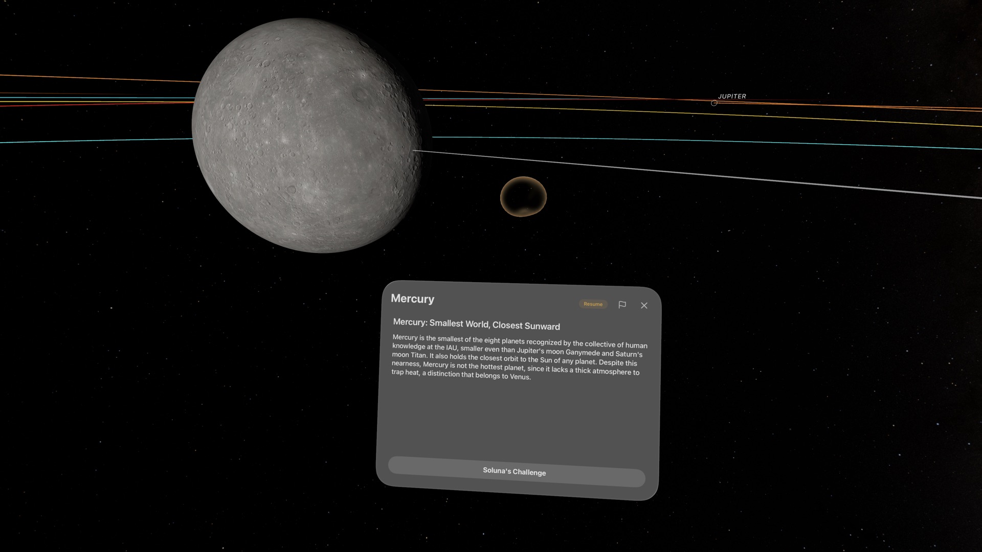 Mercury floats beside a Space Vision knowledge card with facts and a Soluna challenge button