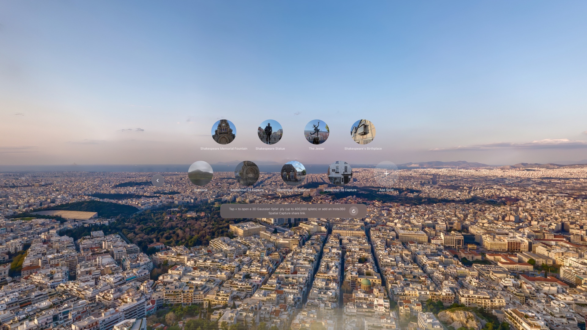 Spatial Film’s splat library shows circular capture thumbnails and an Add Splat control over a city panorama.