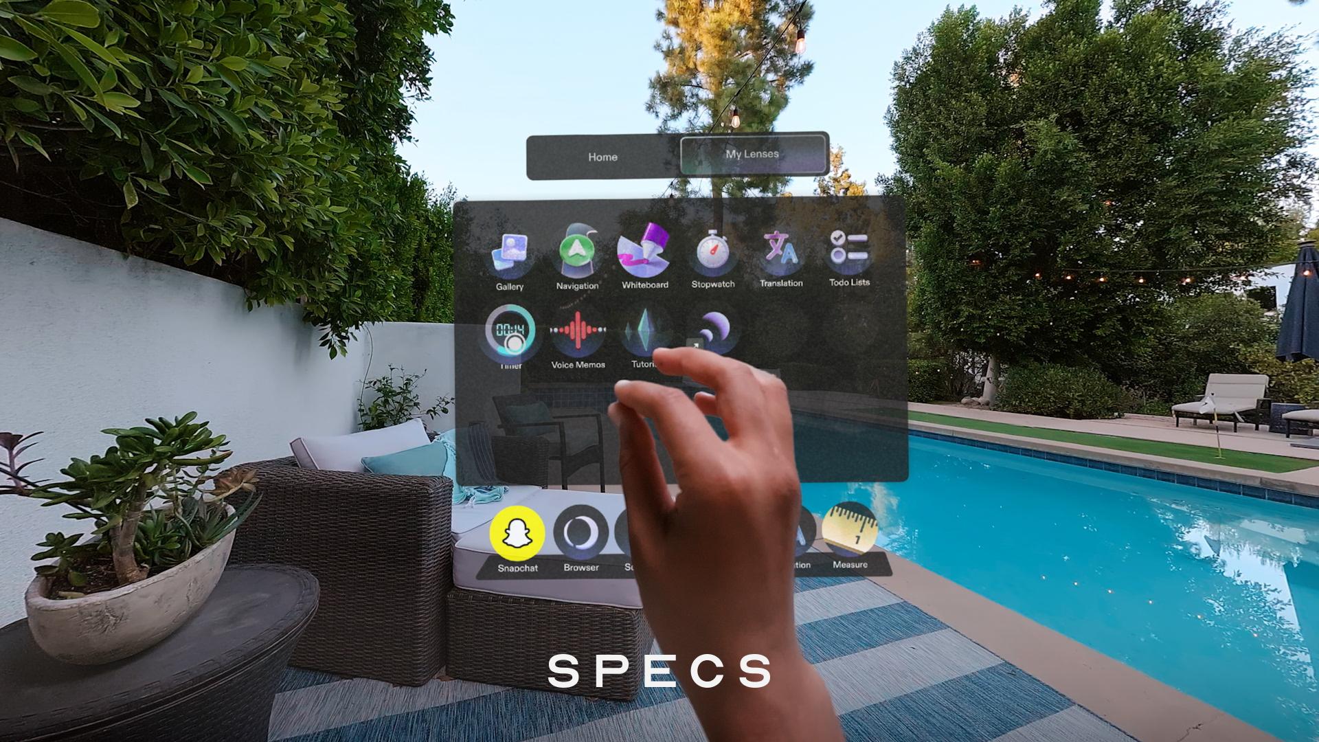 Snap promotional view of the SPECS app menu operated by hand beside a pool