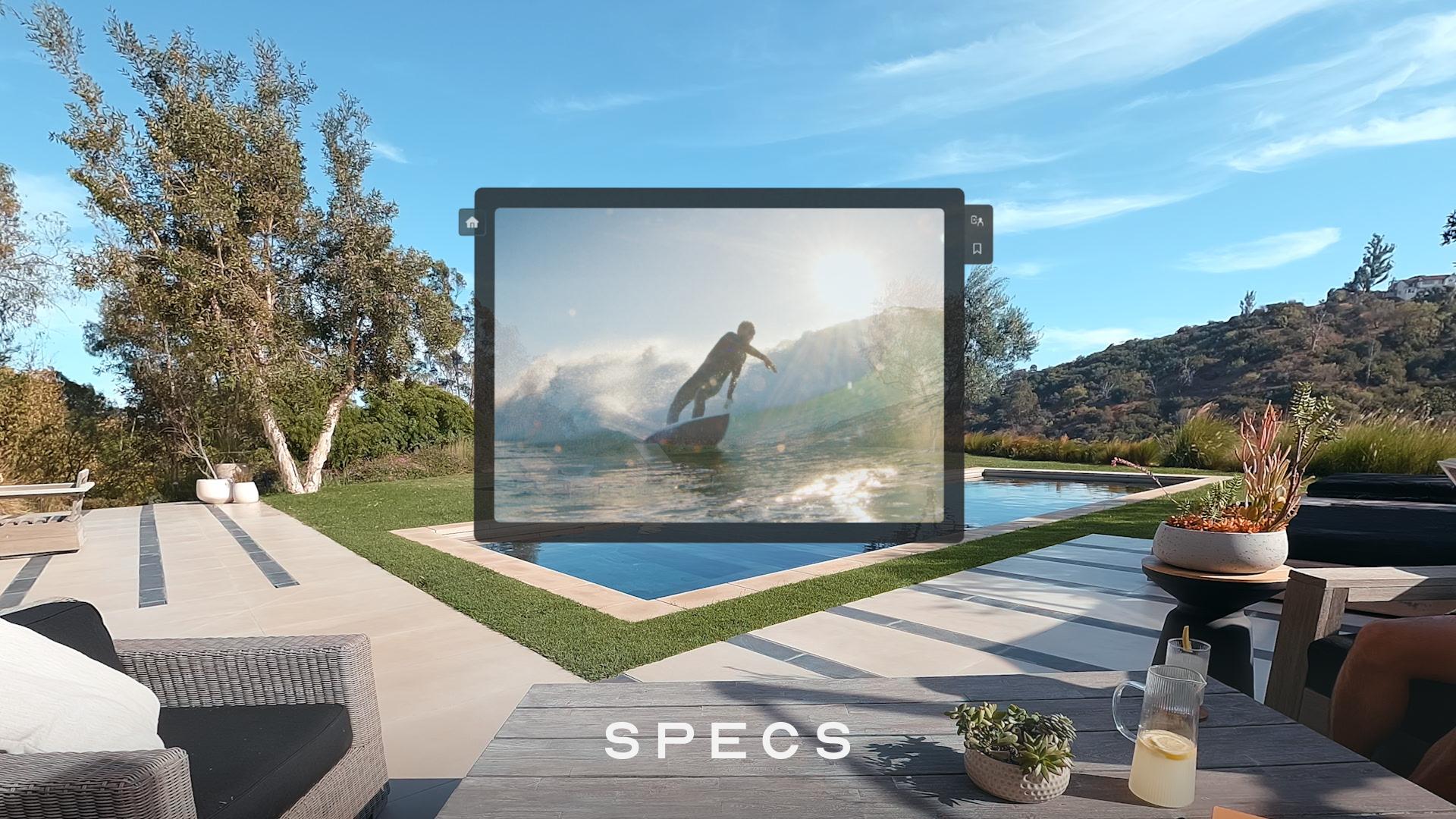 Snap promotional view of a floating video screen beside a pool