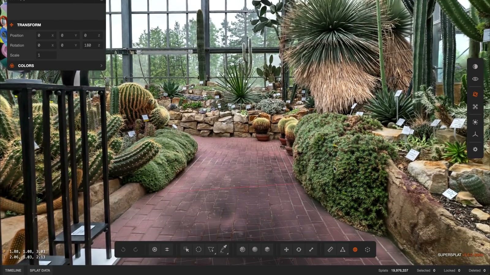A detailed botanical garden capture with cacti and a brick path open in SuperSplat Editor 3.0