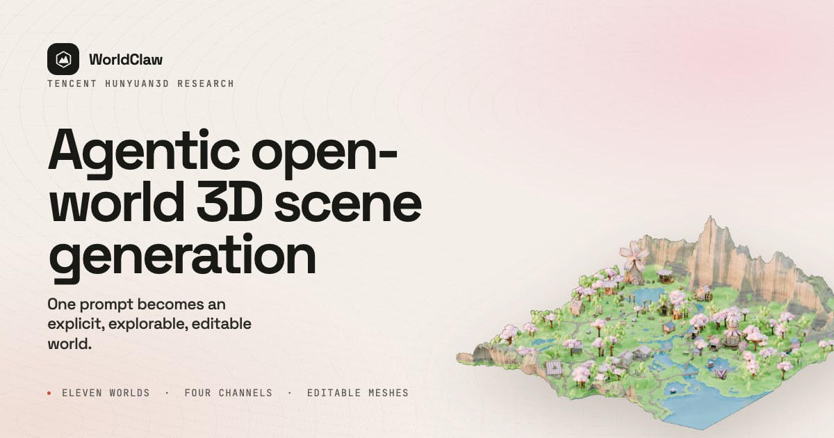 An isometric WorldClaw scene with mountains, water, buildings, and pink trees beside text describing agentic 3D world generation