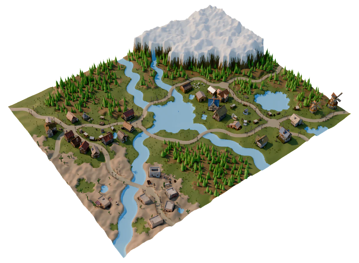 An isometric WorldClaw scene with a snowy mountain, forests, rivers, villages, and desert terrain