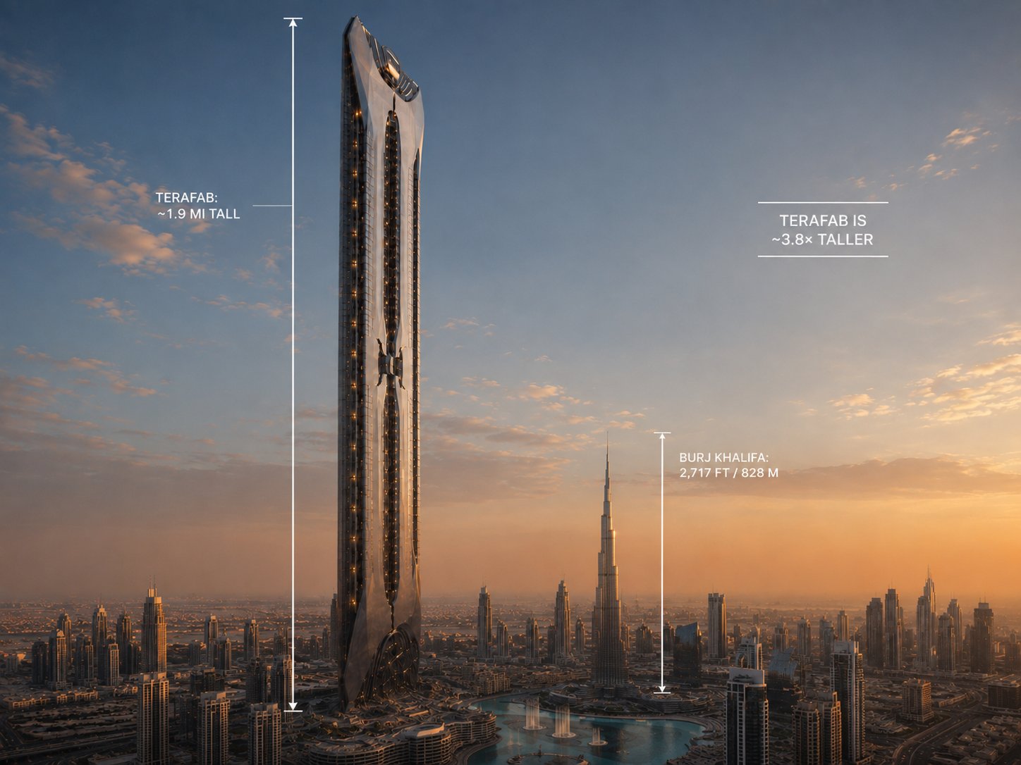 A speculative visualization standing Terafab vertically beside the Burj Khalifa, with Terafab labeled about 1.9 miles tall and 3.8 times taller