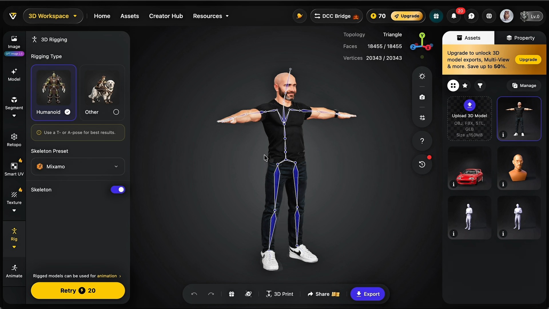 Tripo Studio showing a 3D character of Justin in a T-pose with its Mixamo skeleton visible