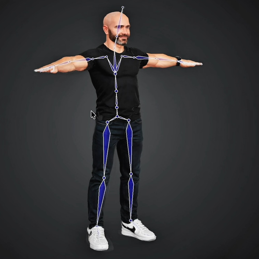 Justin’s 3D character with visible skeleton bones in Tripo Studio