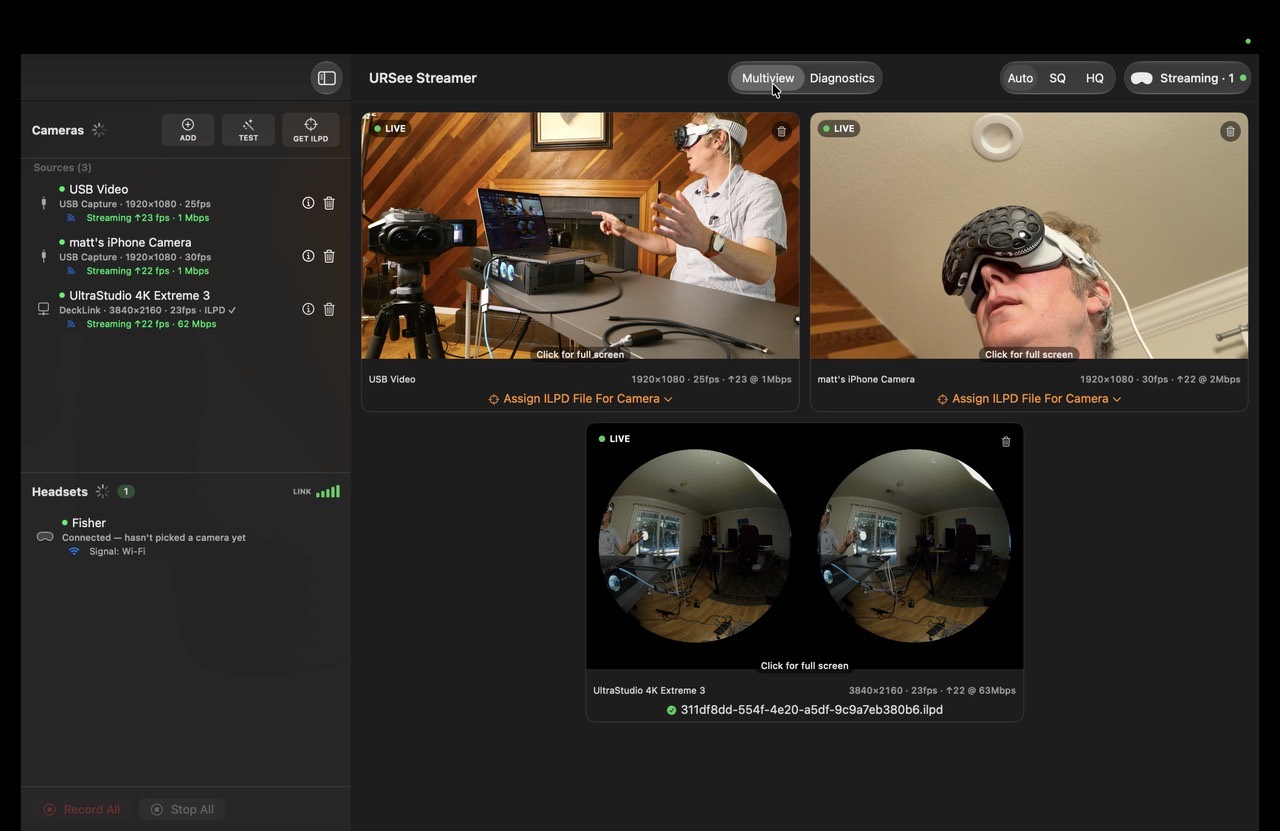 URSee Streamer showing three live camera sources and one connected Apple Vision Pro headset