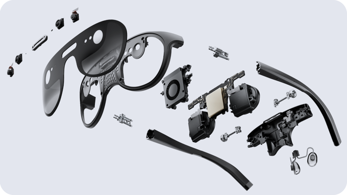 Exploded view of the URXR One frame, cameras, displays, circuit boards, cooling fan, and internal components