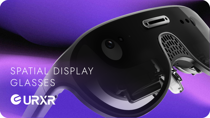 Black URXR One spatial display glasses against a purple background