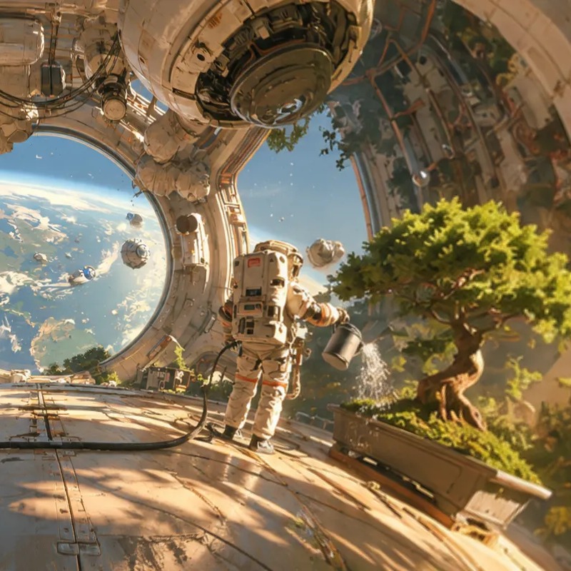 An astronaut waters a bonsai inside an AI-generated space station, with Earth visible through a round window