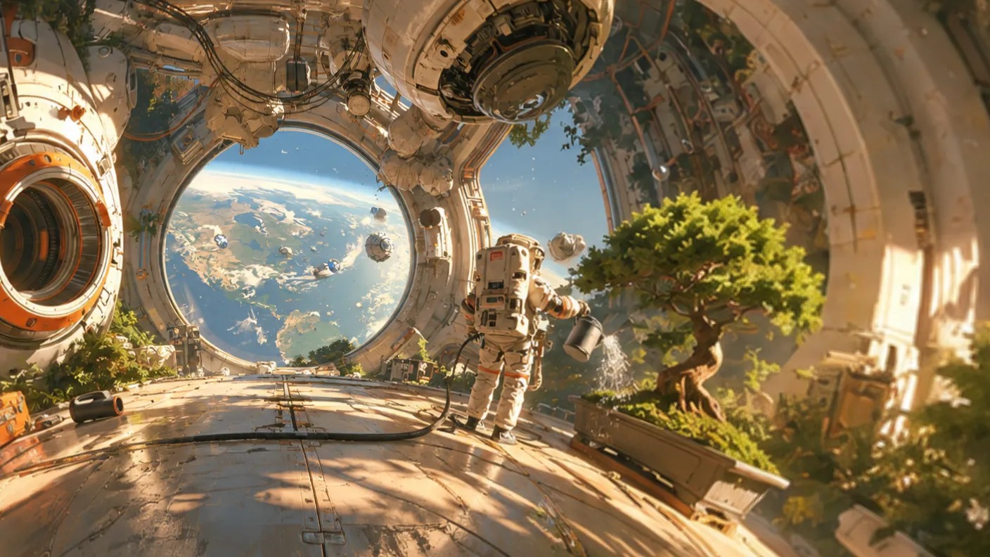 An astronaut waters a bonsai inside an AI-generated space station, with Earth visible through a round window