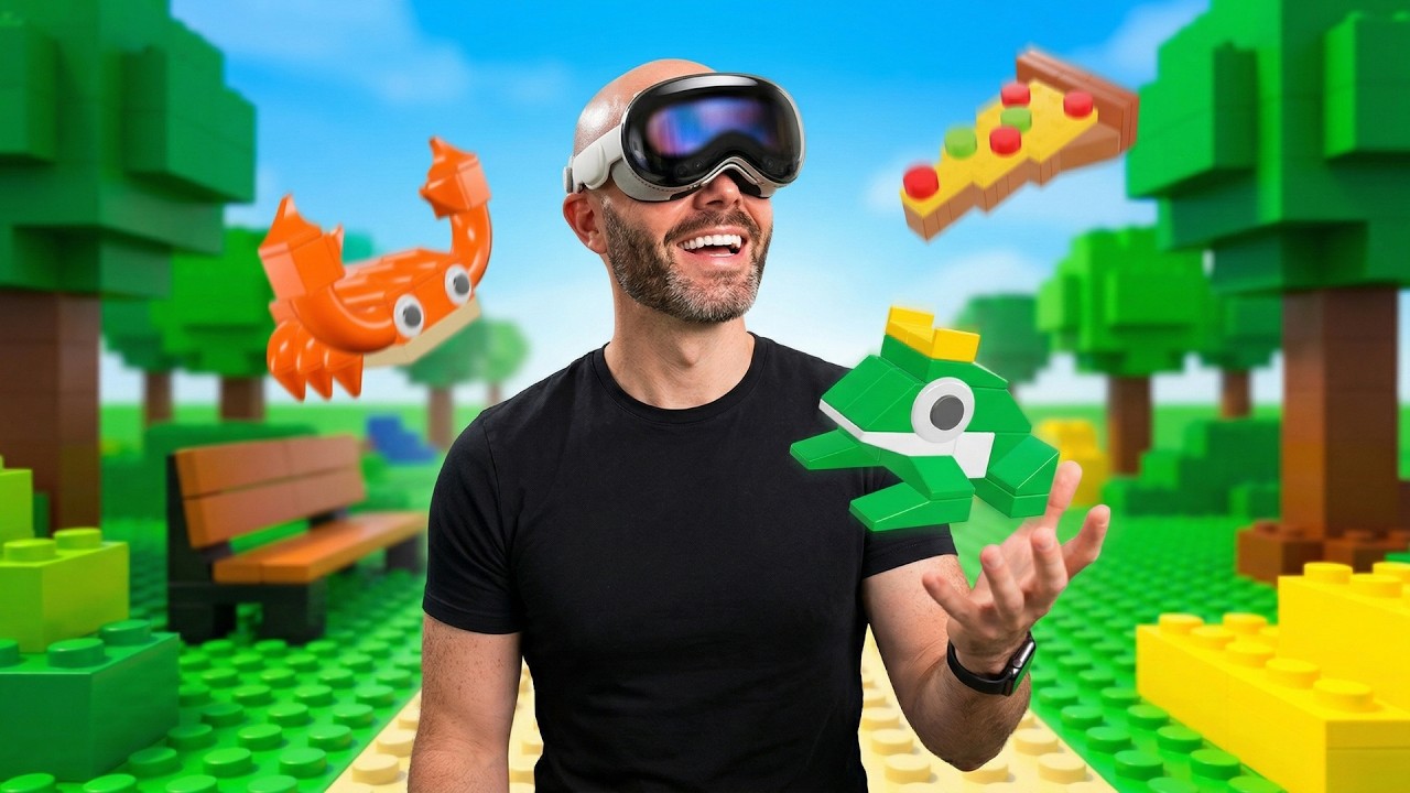 Justin wearing Apple Vision Pro while colorful Blockworks creations float around him